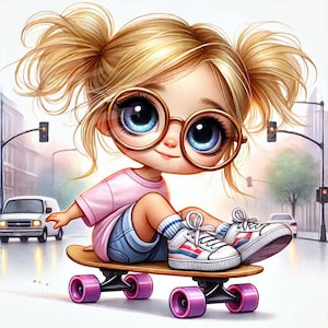 Lustiges Mädchen Clipart, digitaler Download, verrücktes Mädchen auf Skateboard, Kinderspaß, Illustrationen für Kinder, digitales Papierhandwerk, Sammelalben, 12 JPG