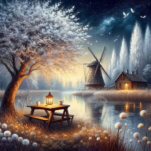 Clipart village la nuit, maison de village, art du village, moulin à vent, moulin, carte, journal indésirable, autocollants, scrapbooking, téléchargement numérique, 12 JPG