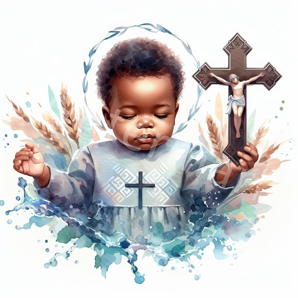 Baby Baptism Clipart: African American Boy, Watercolor Style
