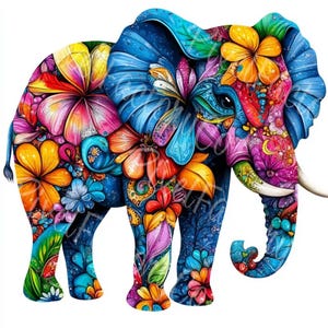 Clipart éléphant floral coloré Art animalier numérique JPG clipart pour cartes Art mural revues projets bohèmes décoration de chambre d'enfant Stickers imprimables