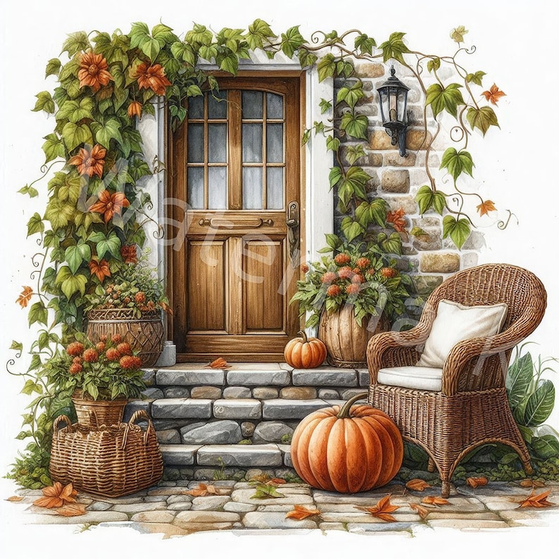 Autumn Door Clipart, 12 JPG, Digital Download, Autumn Landscape Clipart