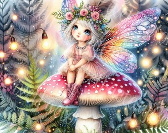 May include: A whimsical illustration of a fairy sitting on a mushroom. The fairy has white hair, blue eyes, and wears a pink dress and boots. Her wings are rainbow-colored. The mushroom is red with white spots, and the background features ferns and string lights.