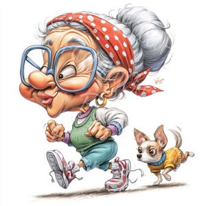 Whimsical Funny Grandma With Dog Clipart Set 13 JPG Quirky Elderly Woman Illustration For Scrapbook Junk Journal Digital Craft Projects
