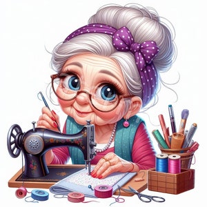 K&ouml;nnte beinhalten: Eine Cartoon-Illustration einer Frau mit grauem Haar, die eine Brille und ein lila Stirnband mit wei&szlig;en Punkten tr&auml;gt. Sie sitzt an einem Tisch mit einer N&auml;hmaschine und einem St&uuml;ck Stoff. Auf dem Tisch liegen Garnrollen, eine Schere und andere N&auml;hutensilien.
