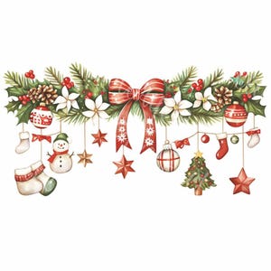 Può includere: Illustrazione ad acquerello di una ghirlanda natalizia con decorazioni festive. La ghirlanda presenta rami di pino verdi, bacche rosse, fiori bianchi e un fiocco rosso. Gli ornamenti appesi includono calze, un pupazzo di neve, stelle e palline.