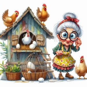 Funny Old Lady In Henhouse Clipart, 12 JPG, People Graphics, Grandma, Women Graphics, Junk Journal, Digital Paper Crafts, Digital Download
