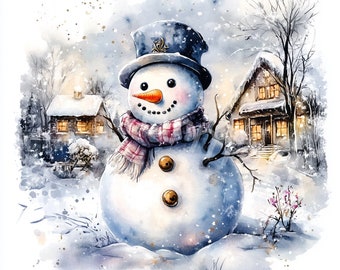 ヴィンテージ水彩雪だるまクリップアート：クリスマスの冬の風景