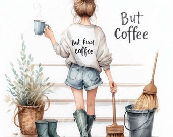 コーヒーを飲む朝のシーンのクリップアート：居心地の良い女の子の