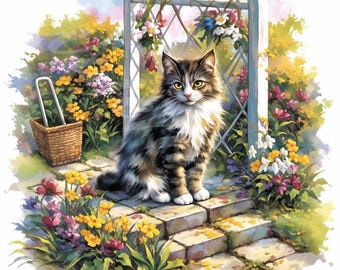 水彩画風の猫の庭のクリップアート：素朴な花のイラスト（JPGデジタル