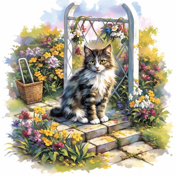 水彩画風の猫の庭のクリップアート：素朴な花のイラスト（JPGデジタル