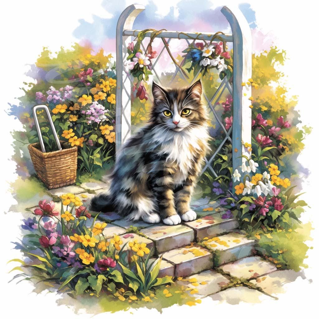 水彩画風の猫の庭のクリップアート：素朴な花のイラスト（JPGデジタル