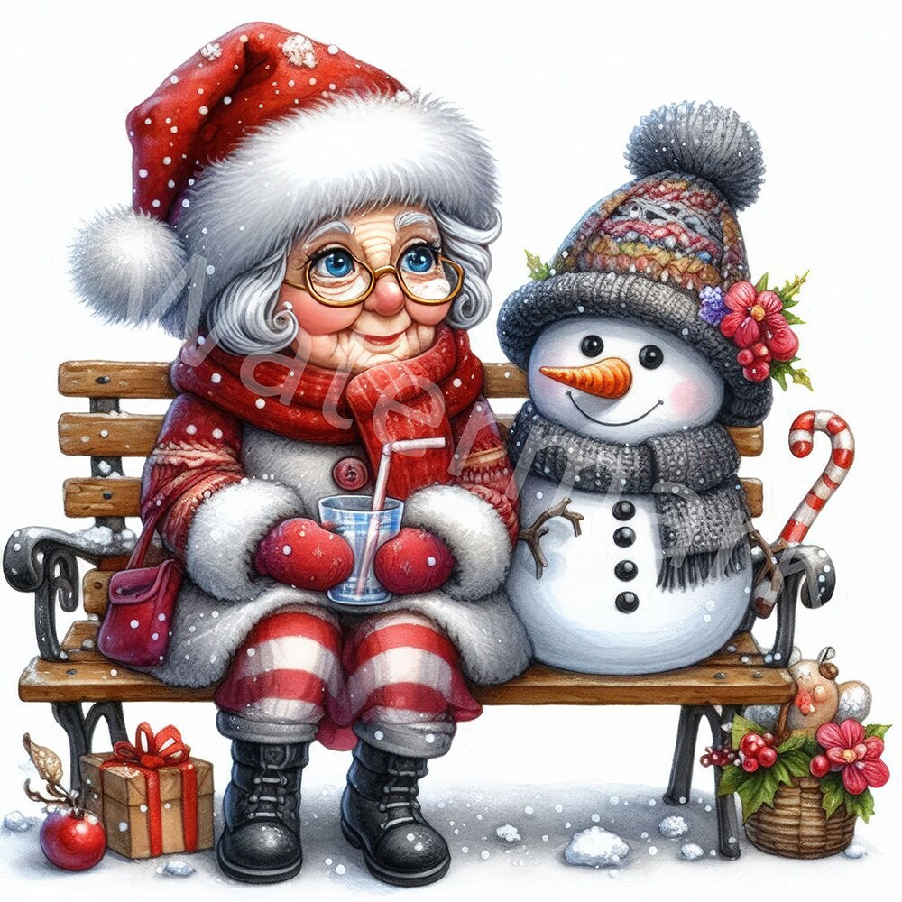 クリスマスのおばあちゃんと雪だるまのクリップアート：水彩画 JPG