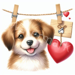 Valentinstag Clipart, 12 jpg, digitaler Download, Hund mit Herz Clipart, Junk Journal, Valentinstag Dekoration, digitales Papierhandwerk