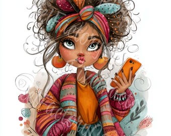 Afro boho girl clipart for planners, invitations, social media, digital graphics 12 JPG