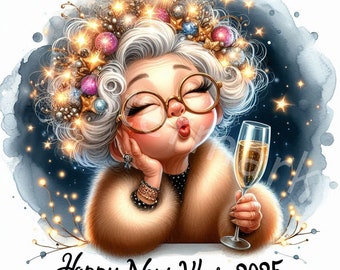 Funny Old Lady in New Year 2025 clipart, 12JPG, New Year Wishes, New Year Fun, Gif Download, Junk Journal, Digital Paper Crafts, Scrapbook