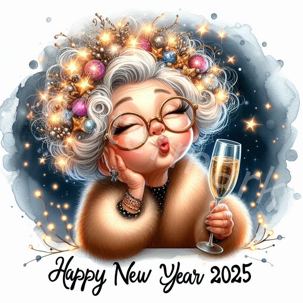 Funny Grandma New Year 2025 Clipart: Watercolor Style (JPG Download) - Etsy, image size:1024x1024