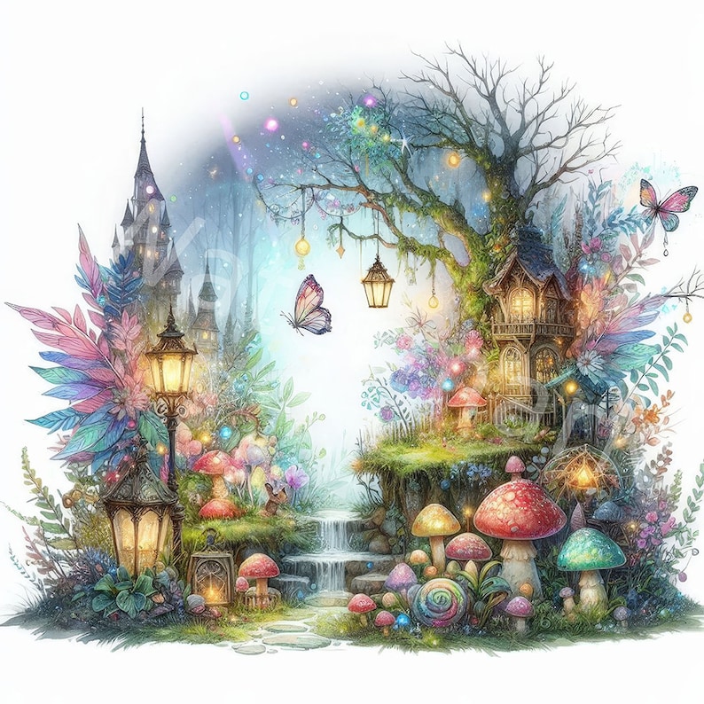 May include: A whimsical illustration of a fairy tale forest with a small cottage, a waterfall, and a path leading to a castle in the distance. The scene is filled with colorful flowers, mushrooms, and glowing lights.