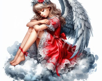 Watercolor Angel Girl Clipart: 12 JPGs for Card Making (Digital Download)