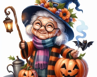 Halloween Old Lady Clipart: Watercolor Grandma Pumpkin Art (Digital Download)