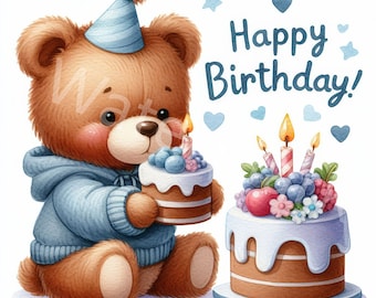 May include: A brown teddy bear wearing a blue party hat holds a small birthday cake with a single lit candle. A larger birthday cake with three lit candles and blue and red berries is in the background. The text "Happy Birthday!" is written in blue letters.