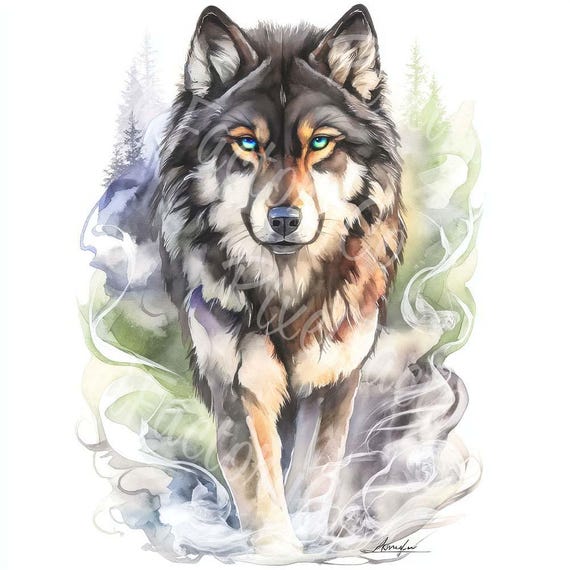 水彩画風オオカミのクリップアート：森の動物イラスト（デジタル