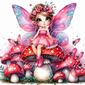 Fairy Mushroom Clipart Cute Fantasy Elf Girl With Wings Digital Download For Cardmaking Scrapbooking Wall Art Projects Junk Journal 12 JPG