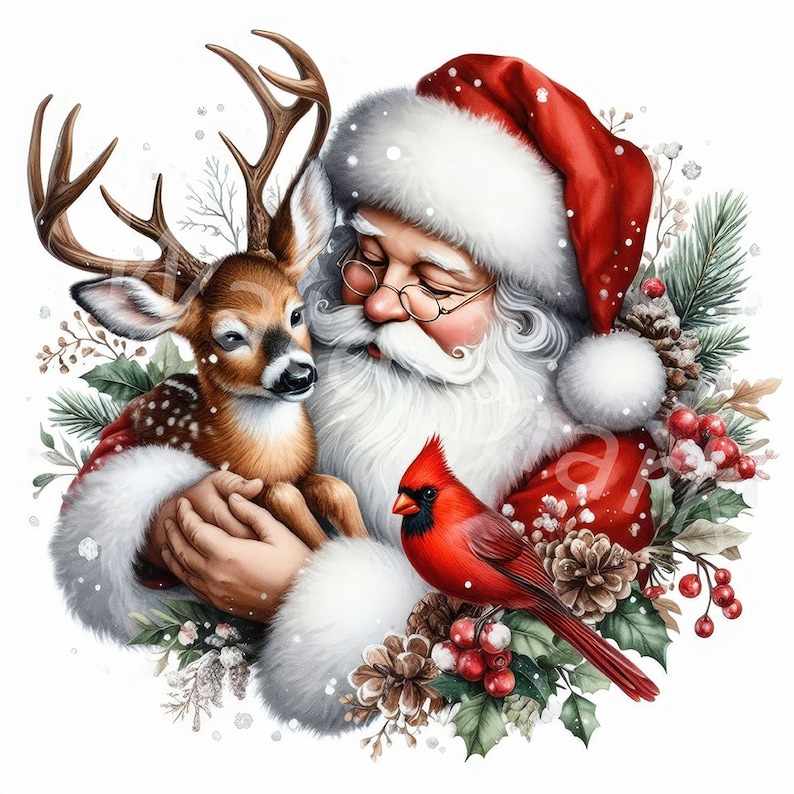 May include: Santa Claus with a white beard and red hat is holding a small deer with brown and white spots. A red cardinal bird is perched on a branch of a green evergreen tree with red berries. The background is white with a snowy effect.