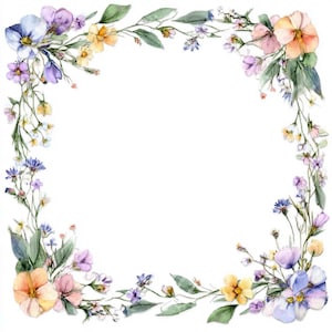 May include: Watercolor floral frame featuring a variety of flowers in shades of purple, yellow, and peach, with green leaves. The flowers are arranged in a square shape, perfect for invitations or other design projects.