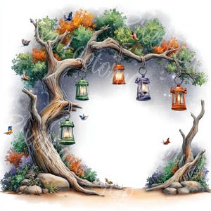 May include: A watercolour illustration of a tree with a textured trunk and branches. Lanterns of various colours hang from the branches, with birds flying around. The leaves are green and orange, creating a whimsical, fairytale scene.