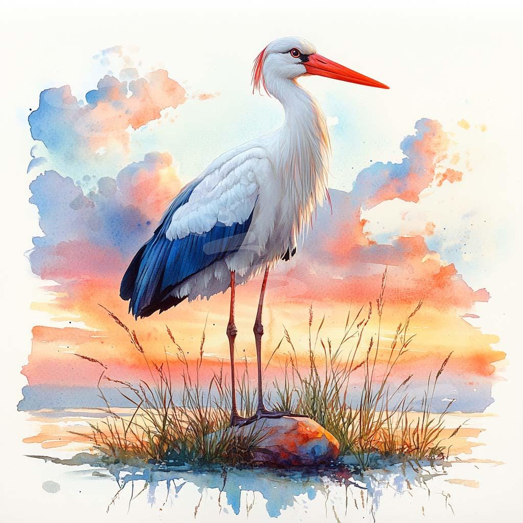 水彩コウノトリのクリップアート：鳥のイラスト、デジタルペーパー
