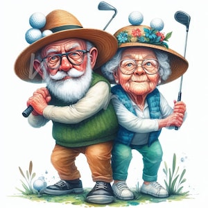 Lustige sportliche Senioren Clipart, 12JPG, digitaler Download, Oma beim Golf spielen, Menschen Clipart, Junk Journal, digitales Papiermodell, Scrapbook