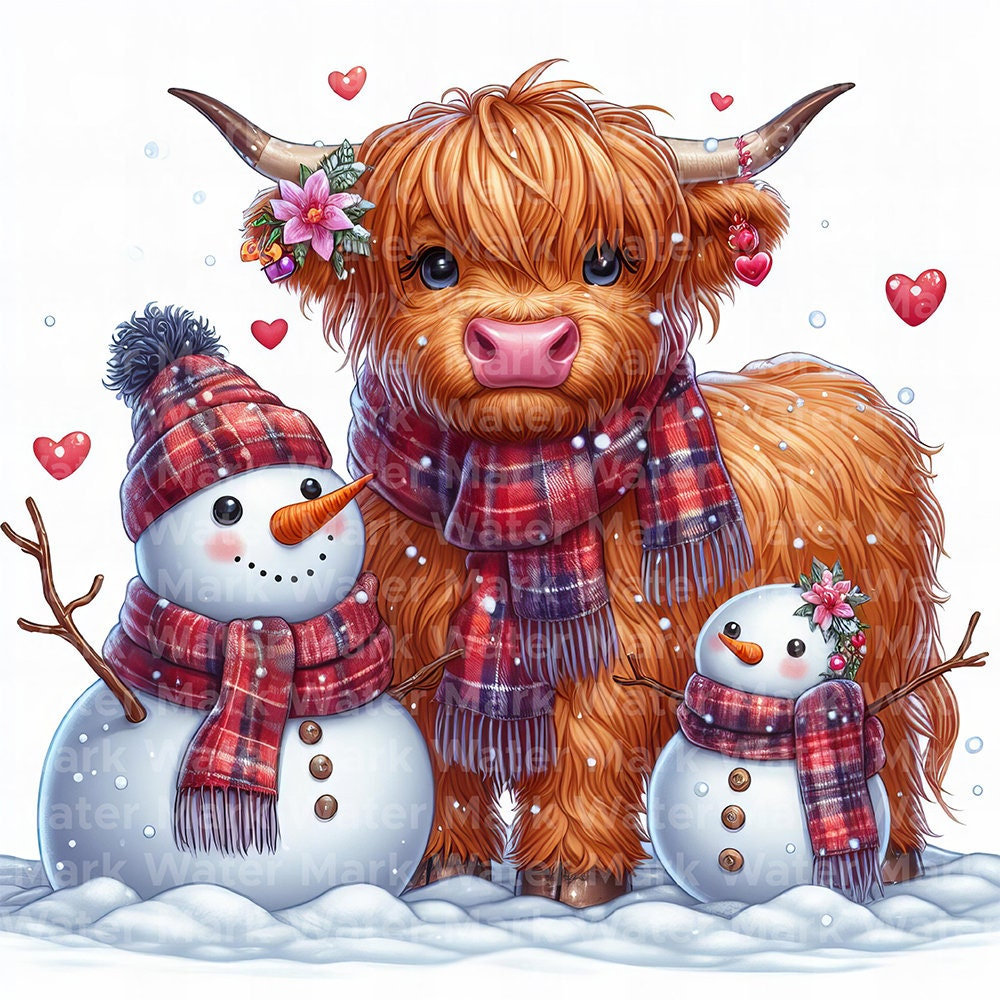 Watercolor Christmas Highland Cow Clipart Holiday Card Making digital watercolor-christmas-highland-cow-clipart-holiday-card-making-digital