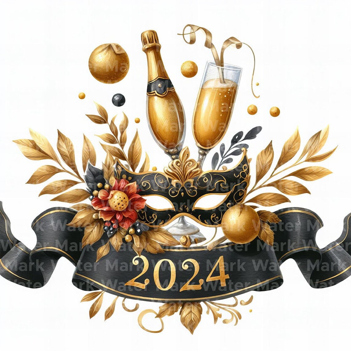New Year 2024 Clipart, 12 JPG, Digital Download, New Year's Eve Clipart, Digital Paper Crafts