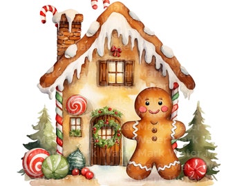 Aquarell Weihnachten Lebkuchen Haus Clipart (digitaler Download)