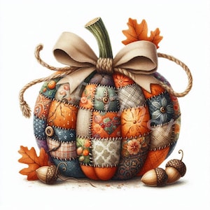 May include: A patchwork pumpkin with a brown ribbon and autumn leaves. The pumpkin is made of different fabrics in shades of orange, brown, blue, and green. There are two acorns on the ground next to the pumpkin.