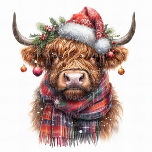 クリスマス ハイランド牛のクリップアート、10 jpg、デジタル ダウンロード、カード作成、水彩クリップアート、ジャンク ジャーナル、デジタル ペーパー クラフト、商用利用
