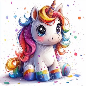 Licorne colorée mignonne des cliparts bébé licorne arc-en-ciel en téléchargement numérique JPG des cliparts, impression d'art pour chambre d'enfant, art mural pour scrapbooking, fabrication de cartes, fantaisie