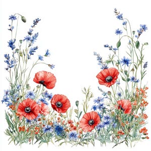 Produktbild von Künstlicher Feldblumenbund – 60 Cm, Mohn, Kornblume & Margerite, Textilfasergewebe, Kunststoffstiele – Für Vase & Deko