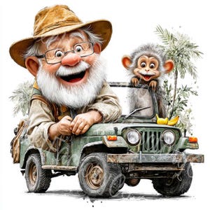 Funny Safari Grandpa Clipart Adventure Cartoon Animal Jeep Driver Digital Illustration  Commercial Use Clipart Download 12 JPG Art Scrapbook