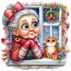 Grand-mère de Noël avec chat Clipart 12JPG Noël femme senior Clipart personnes téléchargement numérique Junk Journal artisanat en papier Scrapbooking art mural