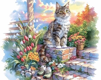 ぷ*あ様 風景画 猫 アクリル絵画 お花のお庭でのんびりにゃぁ〜 ぷ*あ