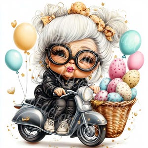 Clipart divertente della nonna che guida lo scooter con le uova di Pasqua. Simpatico animale da compagnia. Download digitale. File di carte stampabili in formato JPG.