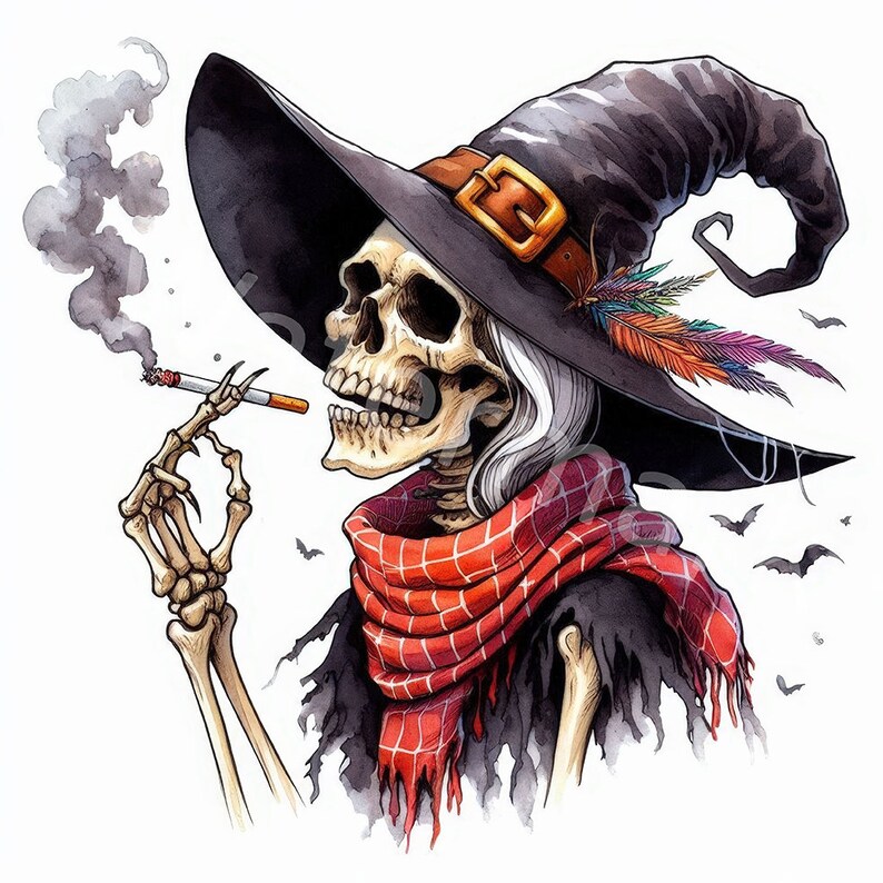 May include: A watercolour illustration of a skeleton wearing a black witch's hat with a red and black checked scarf and holding a cigarette. The skeleton has long white hair and is smoking a cigarette. The background is white with a few bats flying around.