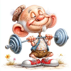 Sterke opa clipart grappige senior fitness kunst digitale JPG-illustraties voor kaarten kunst aan de muur projecten tijdschriften afdrukbare pensioen cadeau stickers