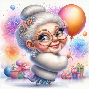 Divertida anciana en Año Nuevo 2025 Clipart 12JPG Abuela bailando Fiesta de Año Nuevo con globos Fuegos artificiales Diario basura Manualidad de papel, Álbum de recortes