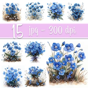 Puede incluir: 15 ilustraciones de acuarela de flores de nomeolvides en varios arreglos. Las flores son azules con centros amarillos y están rodeadas de hojas verdes.