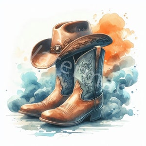 Cowboy Boots and Hat Clipart, 12 JPG, Digital Download, Cowboy Artwork, Scrapbooks, Digital Paper Craft,Watercolor,Card Making, Junk Journal