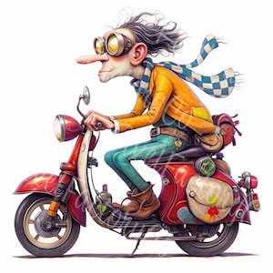Paquete de imágenes prediseñadas de motociclistas viejos divertidos, motociclistas retro JPG, descarga digital, pegatinas de arte imprimibles, tarjetas de álbum de recortes, diario basura, anciano loco y peculiar