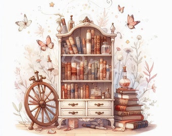 Watercolor Books Clipart: Bookcase Graphics for Junk Journals (Digital Download)