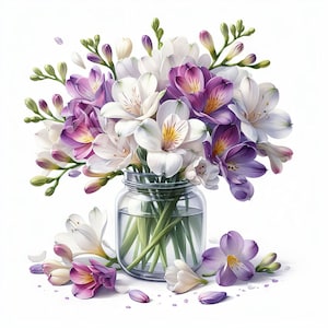 Clipart fleurs freesia, 12 jpg, téléchargement numérique, créations numériques en papier, freesias dans un bocal, fabrication de cartes, fabrication d'invitations, journal indésirable